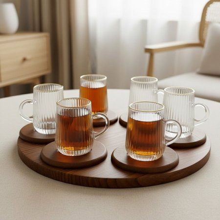 طقم ٦ كاسات شاي زجاجية مضلعة بحواف ذهبية و٦ قواعد خشبية